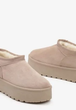 Beżowe Śniegowce z Krótką Cholewką na Grubej Podeszwie Werilie