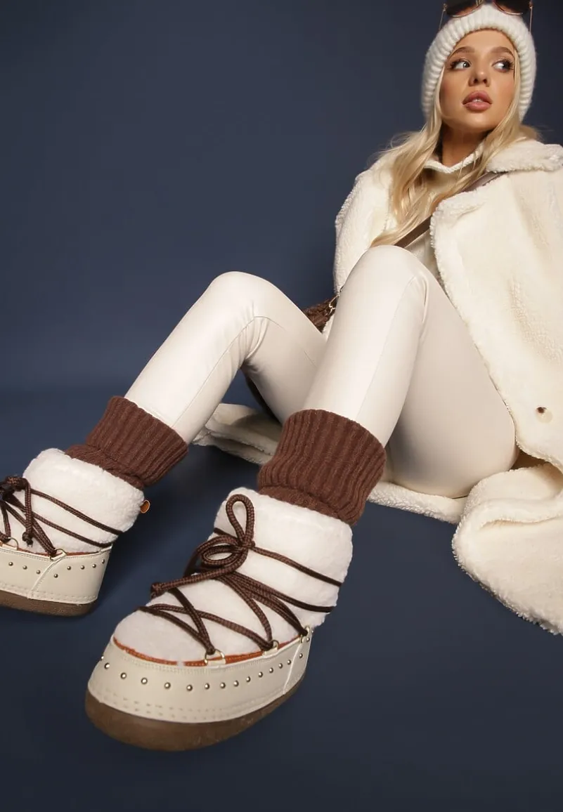 Beżowe Śniegowce z Ozdobnym Sznurowaniem Ćwiekami i Futerkiem Covesa