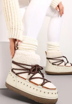 Beżowe Śniegowce z Ozdobnym Sznurowaniem Ćwiekami i Futerkiem Covesa