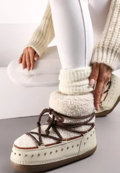 Beżowe Śniegowce z Ozdobnym Sznurowaniem Ćwiekami i Futerkiem Covesa