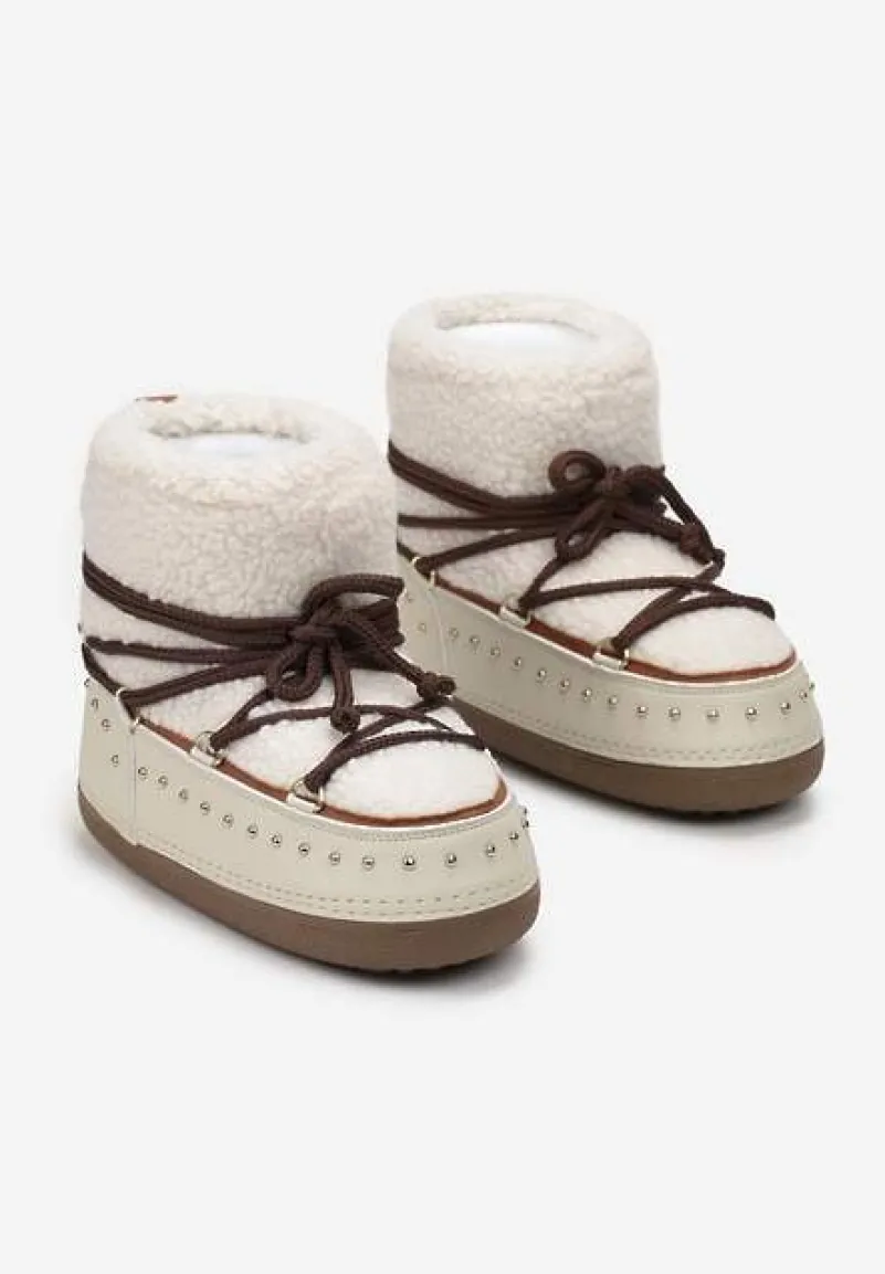 Beżowe Śniegowce z Ozdobnym Sznurowaniem Ćwiekami i Futerkiem Covesa