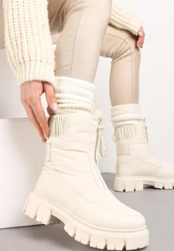 Beżowe Śniegowce z Pikowaną Cholewką i Suwakiem Desmoria