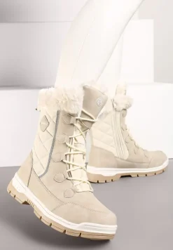 Beżowe Śniegowce z Pikowanym Przeszyciem i Futerkiem na Grubej Podeszwie Amartina