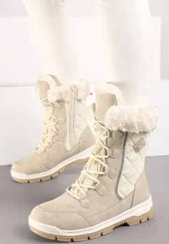 Beżowe Śniegowce z Pikowanym Przeszyciem i Futerkiem na Grubej Podeszwie Amartina