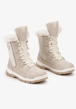 Beżowe Śniegowce z Pikowanym Przeszyciem i Futerkiem na Grubej Podeszwie Amartina