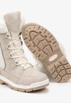 Beżowe Śniegowce z Pikowanym Przeszyciem i Futerkiem na Grubej Podeszwie Amartina