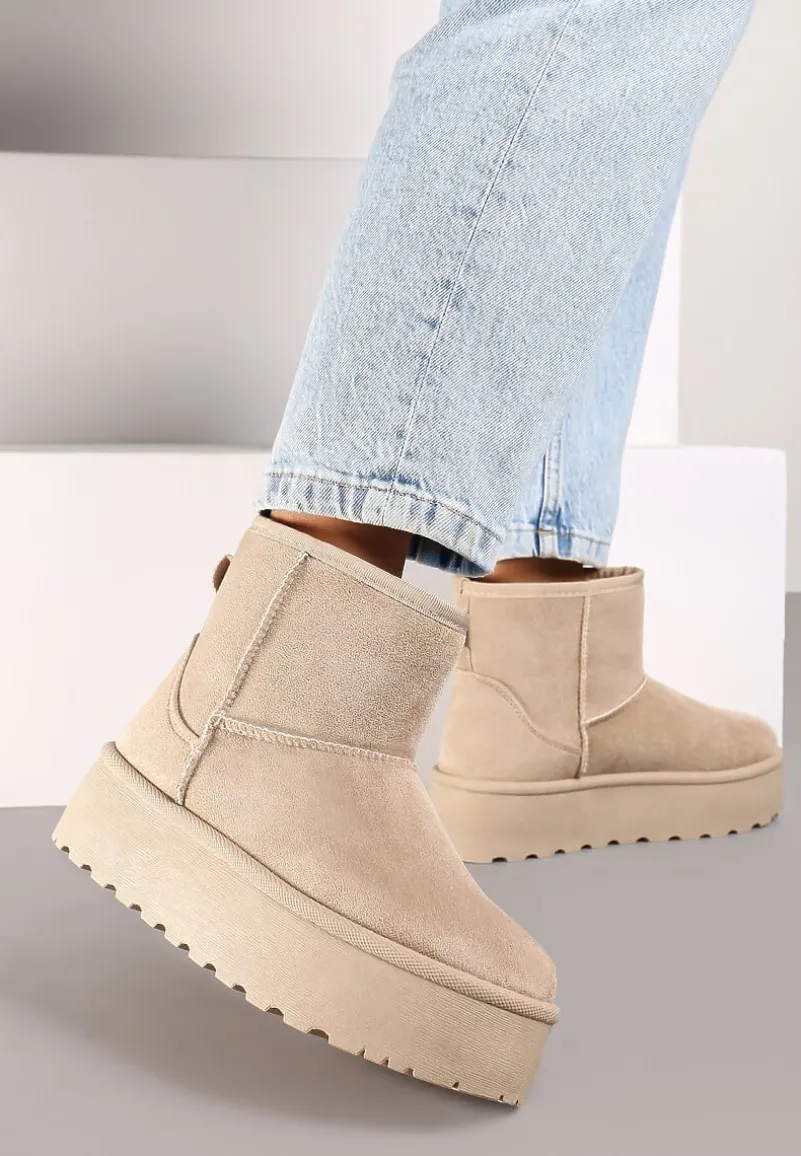 Beżowe Śniegowce za Kostkę na Platformie Ocieplane Futerkiem Divena