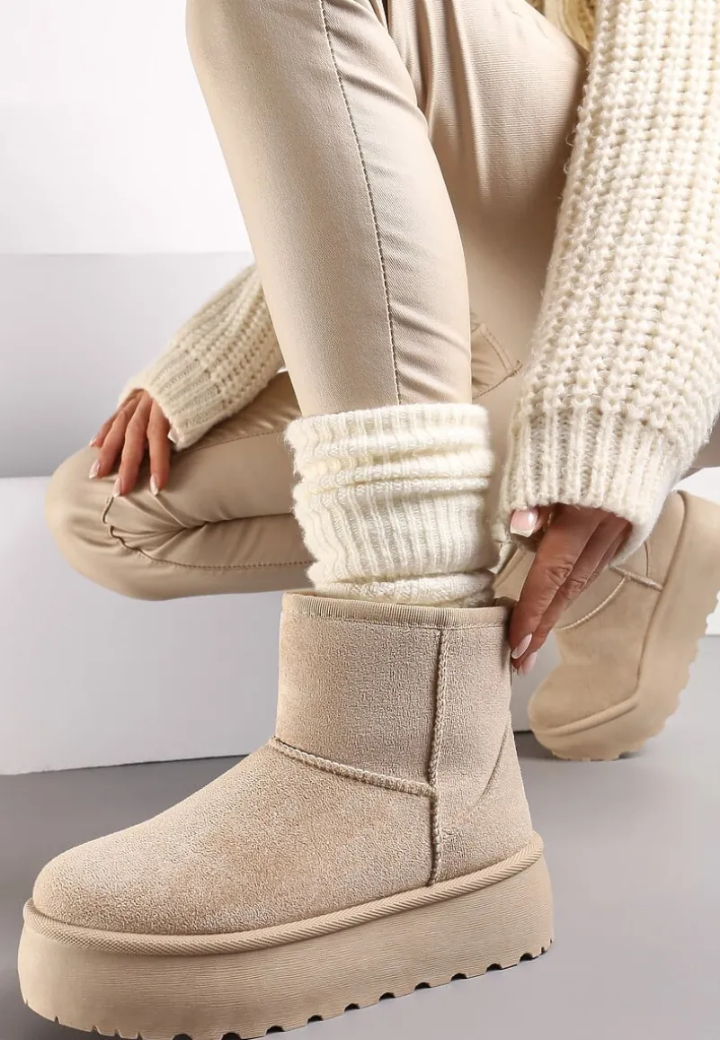 Beżowe Śniegowce za Kostkę na Platformie Ocieplane Futerkiem Divena