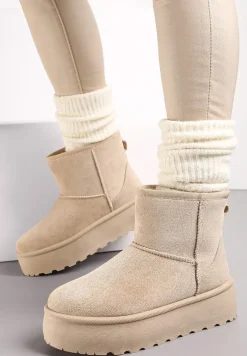 Beżowe Śniegowce za Kostkę na Platformie Ocieplane Futerkiem Divena