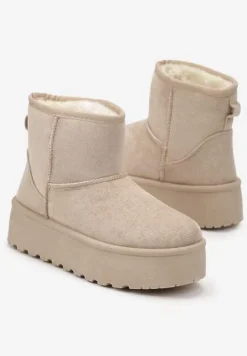 Beżowe Śniegowce za Kostkę na Platformie Ocieplane Futerkiem Divena