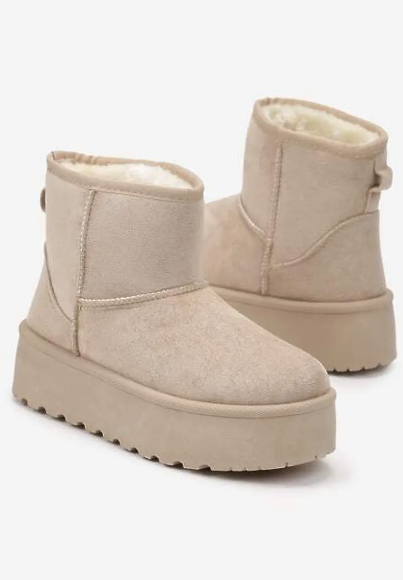 Beżowe Śniegowce za Kostkę na Platformie Ocieplane Futerkiem Divena