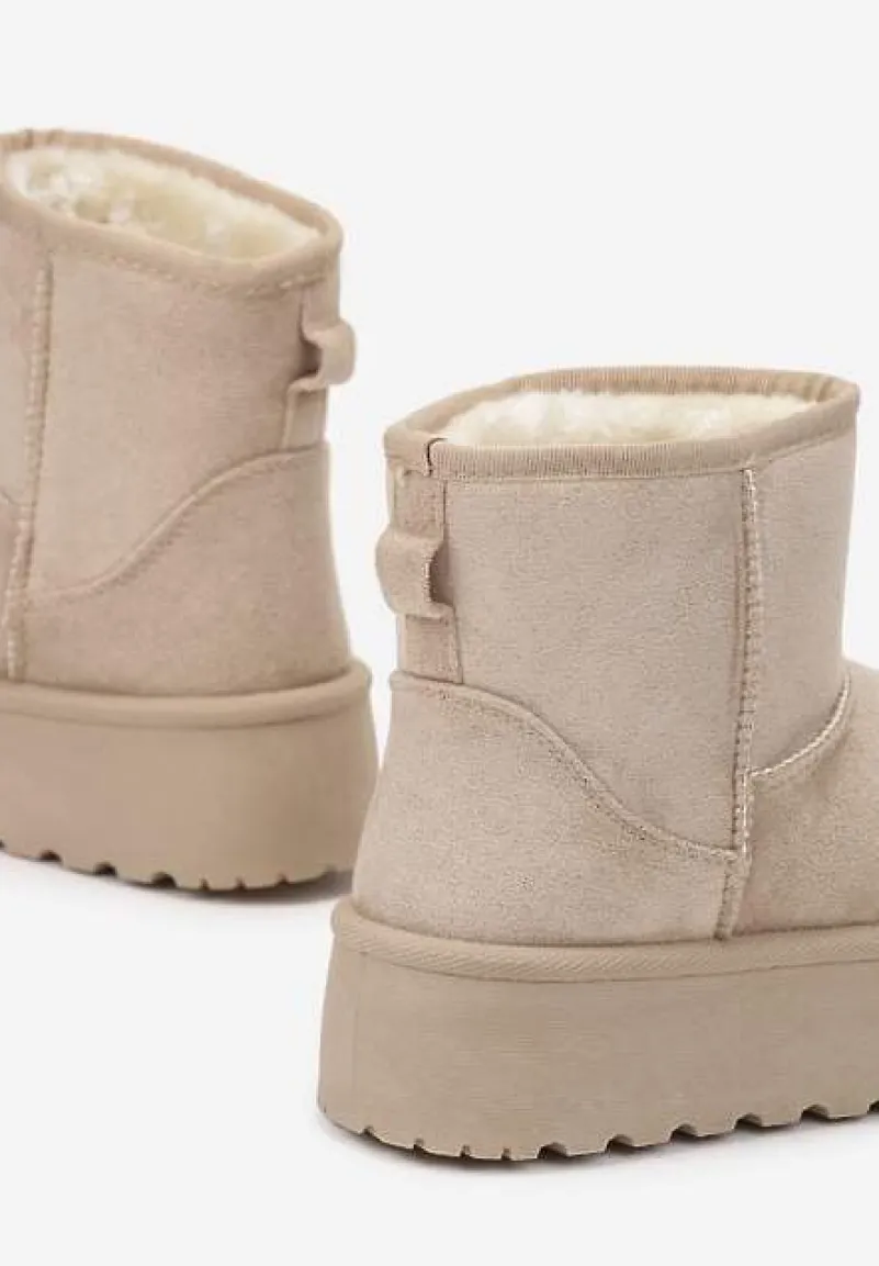 Beżowe Śniegowce za Kostkę na Platformie Ocieplane Futerkiem Divena