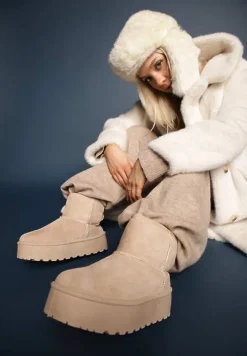 Beżowe Śniegowce za Kostkę na Platformie Ocieplane Futerkiem Divena