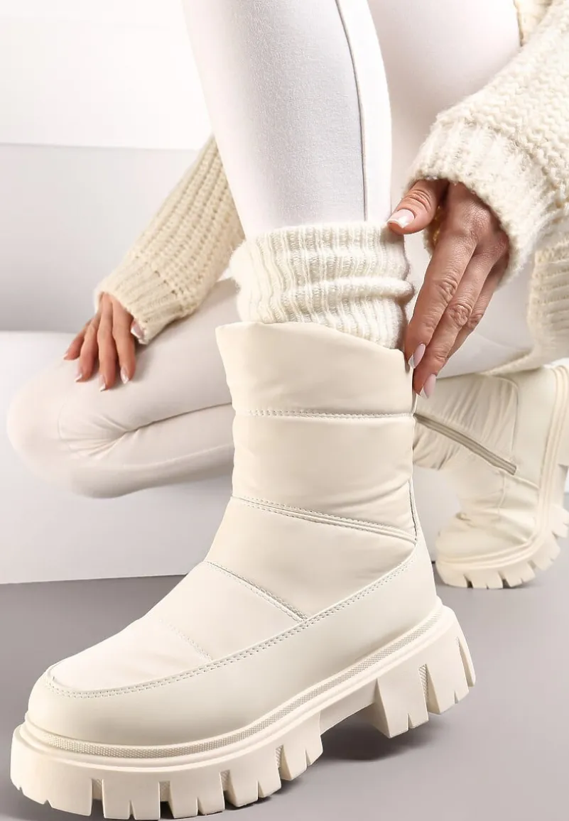 Beżowe Śniegowce za Kostkę z Pikowaniem i Niską Platformą Laugas