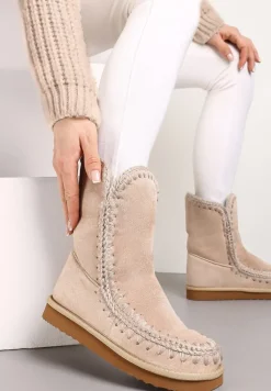 Beżowe Śniegowce za Kostkę z Ozdobnym Futerkiem Catalisa