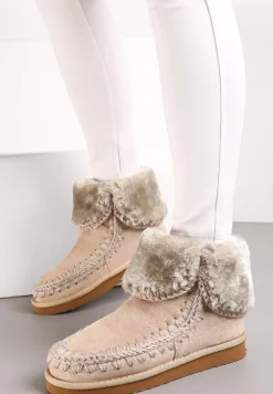 Beżowe Śniegowce za Kostkę z Ozdobnym Futerkiem Catalisa
