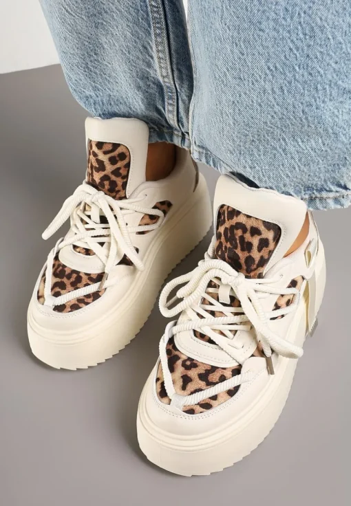Beżowe Panterkowe Sneakersy na Platformie Ozdobione Sznurowaniem Vilvia