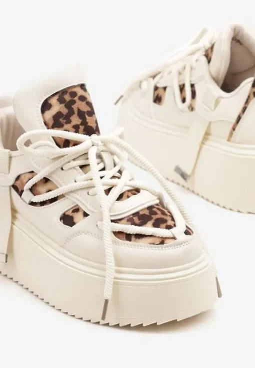 Beżowe Panterkowe Sneakersy na Platformie Ozdobione Sznurowaniem Vilvia