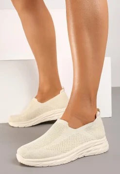 Beżowe Płaskie Casualowe Buty Sportowe na Tłoczonej Podeszwie Carlemia