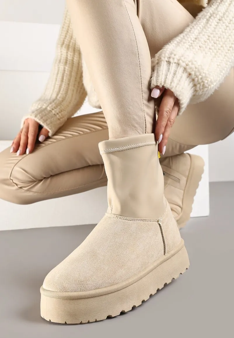 Beżowe Płaskie Ocieplane Śniegowce z Elastyczną Cholewką Sevidia
