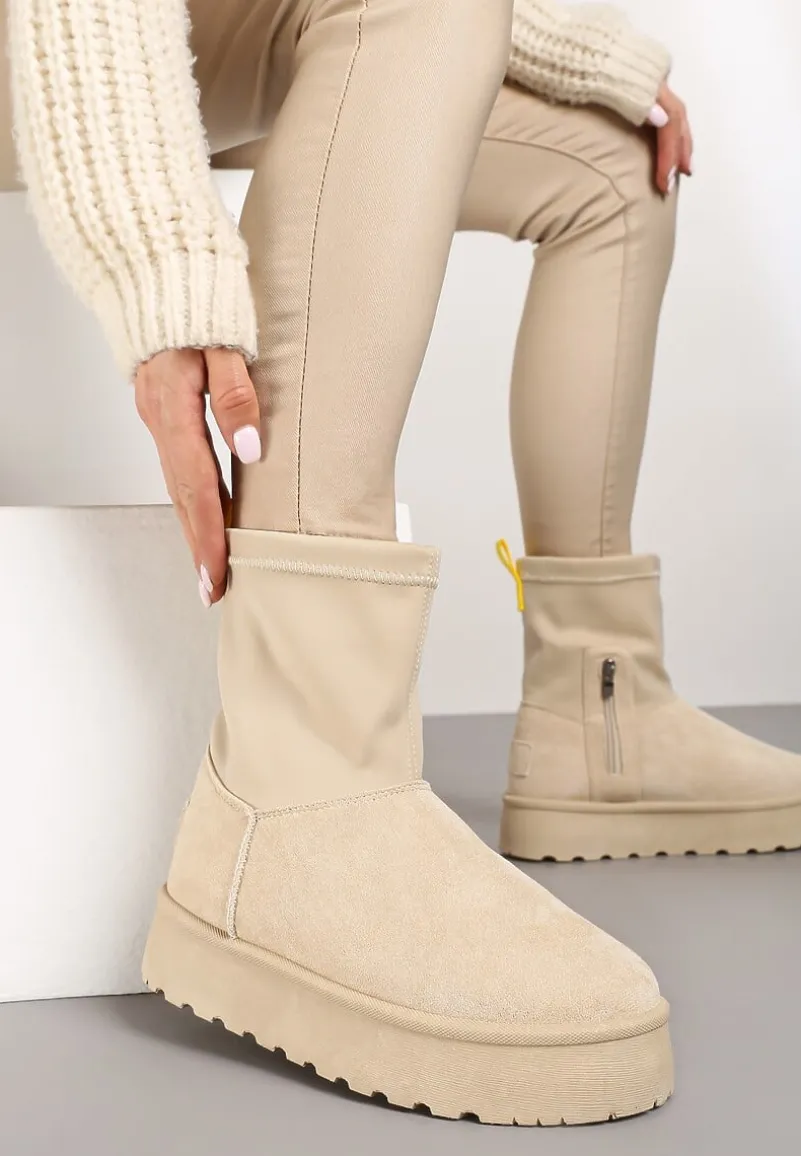 Beżowe Płaskie Ocieplane Śniegowce z Elastyczną Cholewką Sevidia
