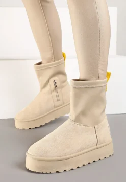 Beżowe Płaskie Ocieplane Śniegowce z Elastyczną Cholewką Sevidia