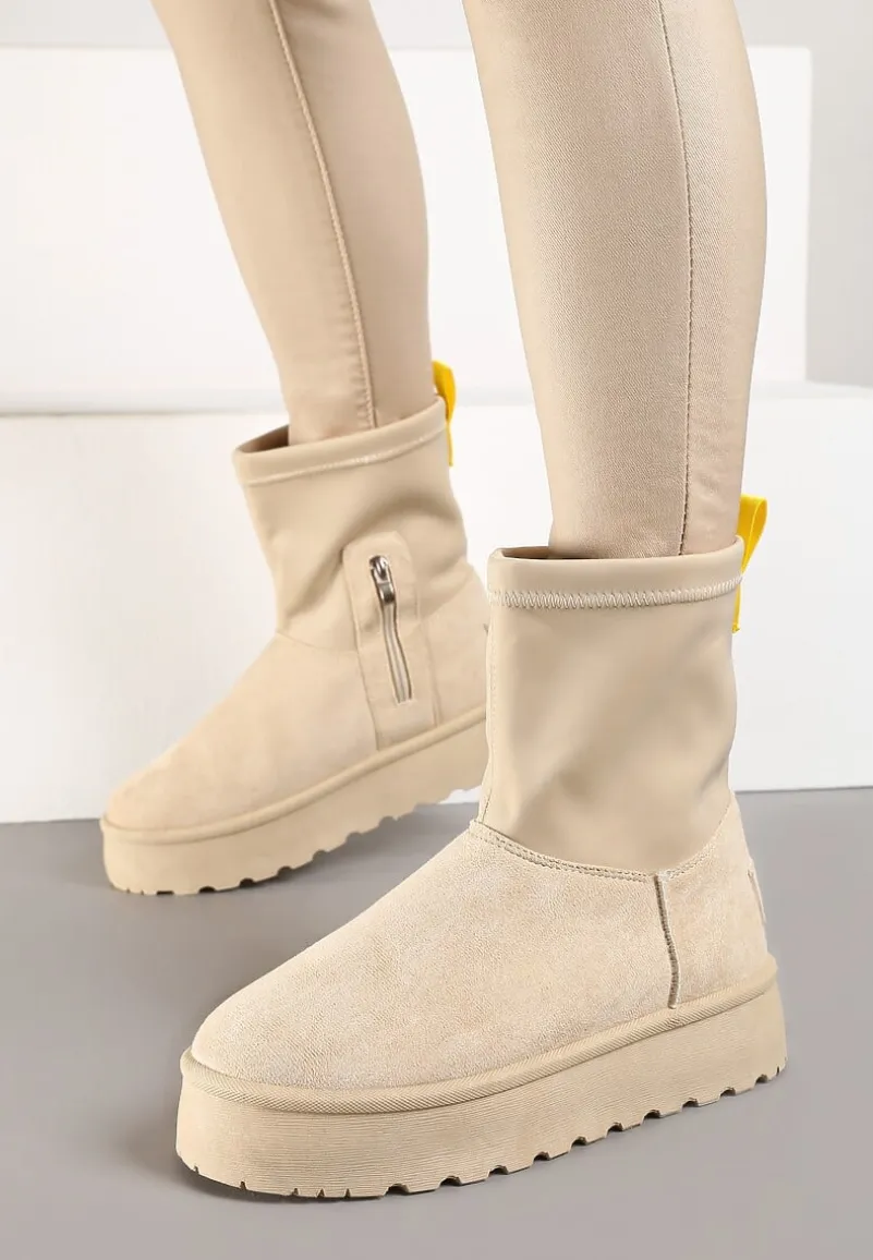 Beżowe Płaskie Ocieplane Śniegowce z Elastyczną Cholewką Sevidia