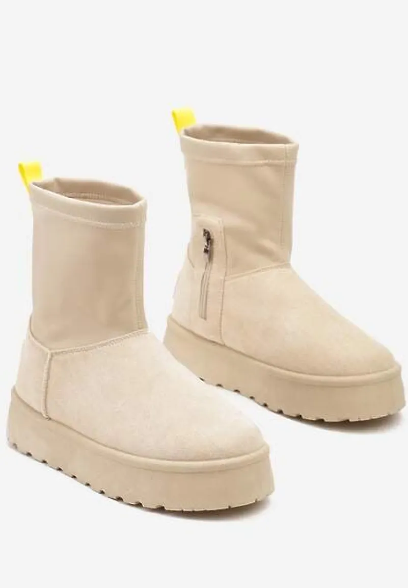 Beżowe Płaskie Ocieplane Śniegowce z Elastyczną Cholewką Sevidia