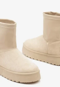 Beżowe Płaskie Ocieplane Śniegowce z Elastyczną Cholewką Sevidia