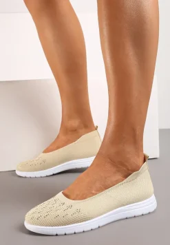 Beżowe Płaskie Tenisówki Zdobione Cyrkoniami Lomadia