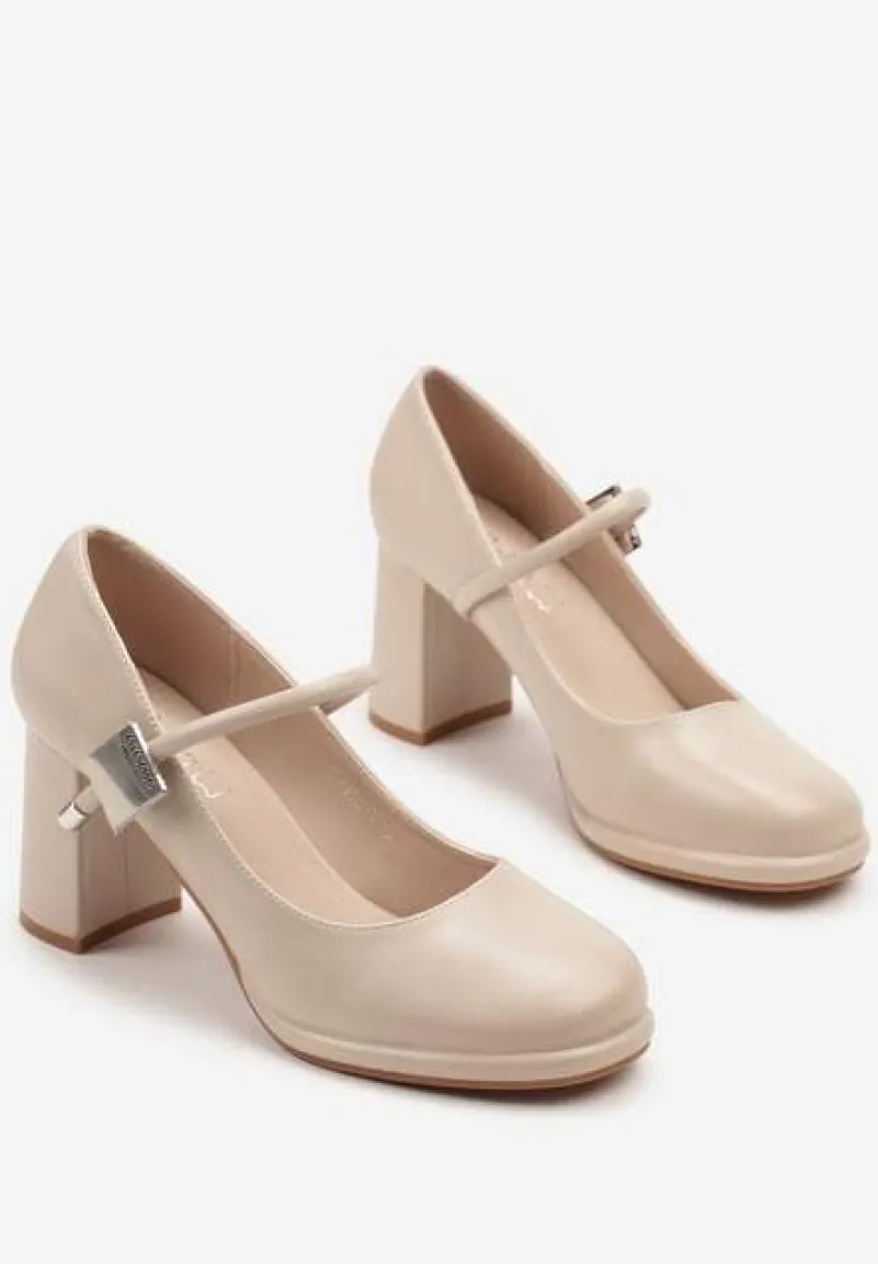 Beżowe Półbuty Czółenka na Słupkowym Obcasie ze Skórzaną Wkładką i Aplikacją Sadeirae