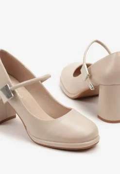 Beżowe Półbuty Czółenka na Słupkowym Obcasie ze Skórzaną Wkładką i Aplikacją Sadeirae