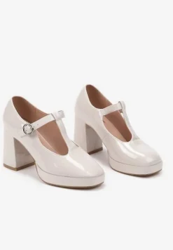 Beżowe Półbuty Lakierowane na Słupku w Stylu Retro Merione