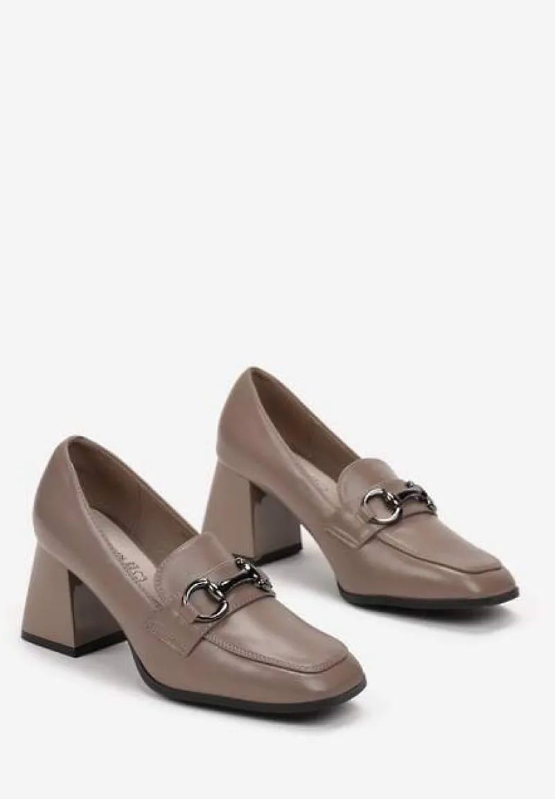 Beżowe Półbuty Loafersy na Słupku z Wkładką ze Skóry Naturalnej Amfira