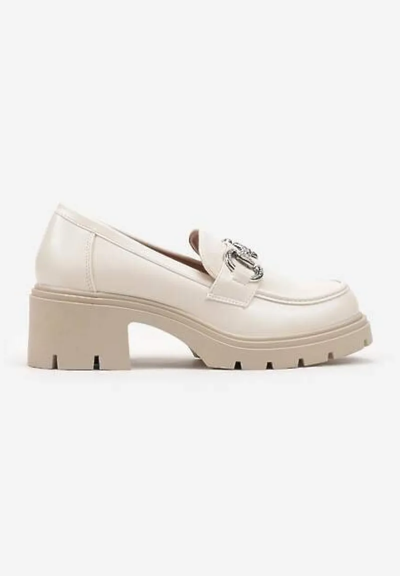 Beżowe Półbuty Mokasyny na Słupku Ozdobione Klamrą i Cyrkoniami Lenlisa