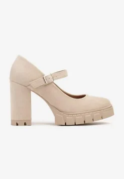Beżowe Półbuty na Obcasie Typu Słupek z Grubą Podeszwą i Zapięciem na Klamerkę Riandora