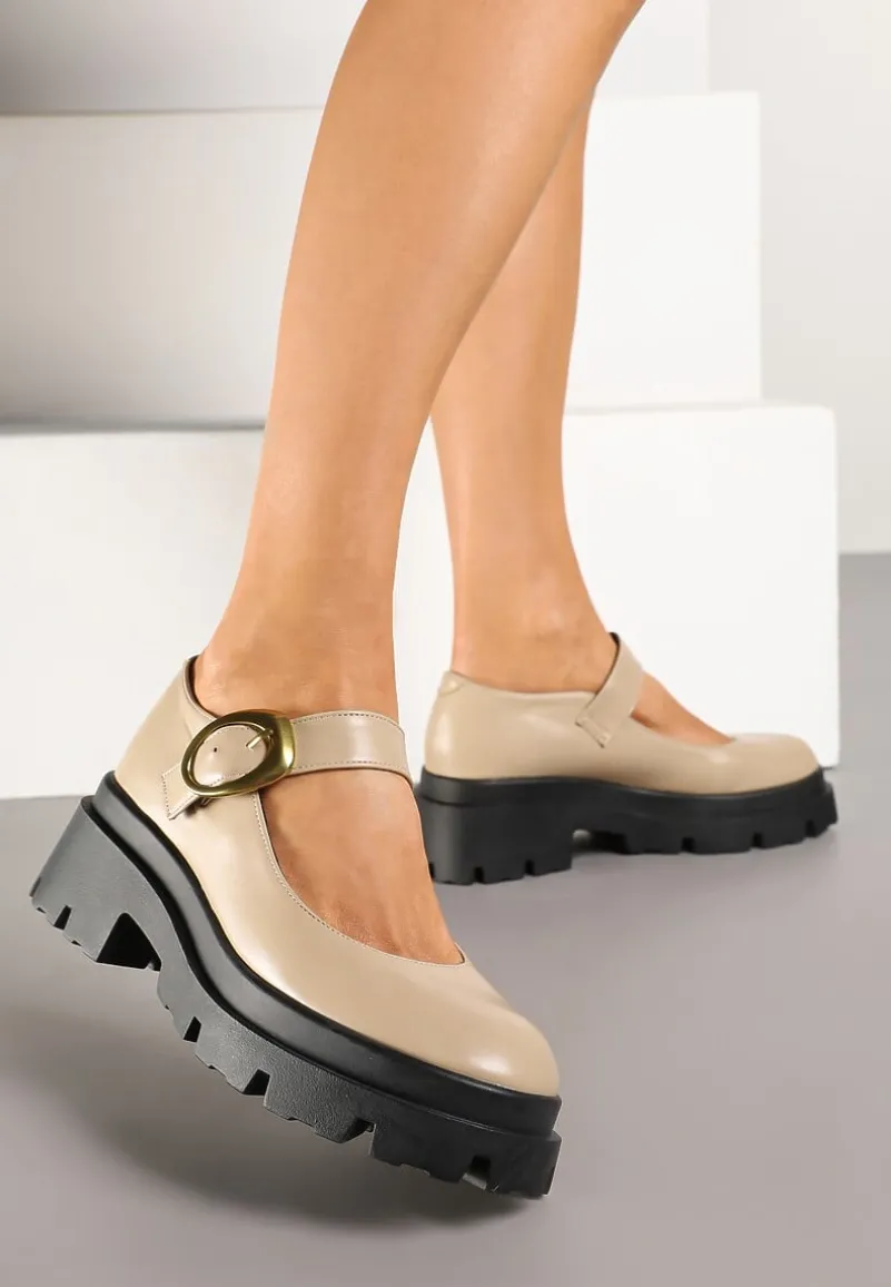 Beżowe Półbuty na Platformie w Stylu Mary Jane Ozdobione Metaliczną Sprzączką Zinida