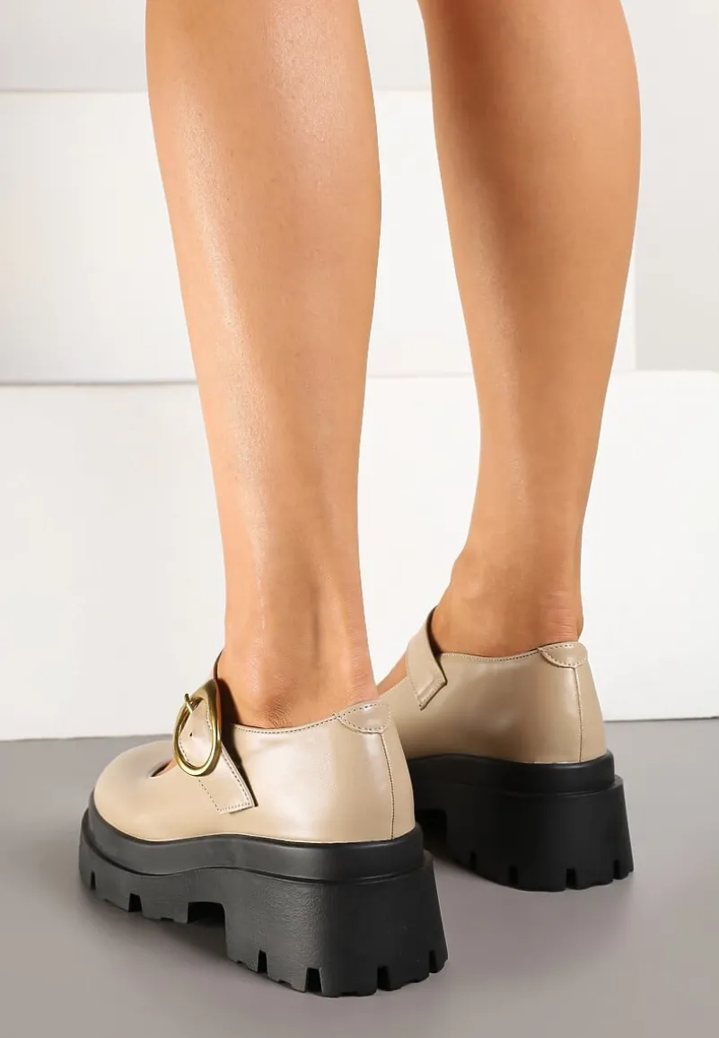Beżowe Półbuty na Platformie w Stylu Mary Jane Ozdobione Metaliczną Sprzączką Zinida