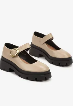 Beżowe Półbuty na Platformie w Stylu Mary Jane Ozdobione Metaliczną Sprzączką Zinida