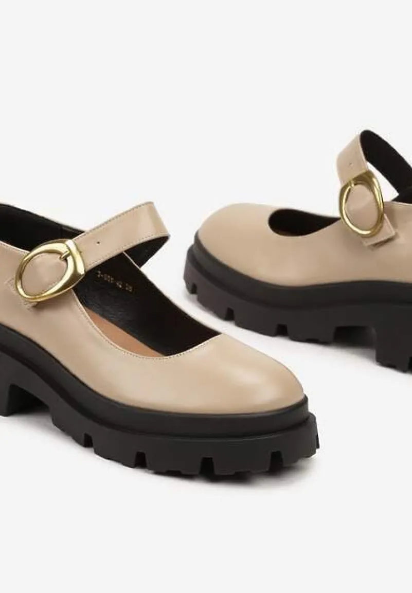 Beżowe Półbuty na Platformie w Stylu Mary Jane Ozdobione Metaliczną Sprzączką Zinida