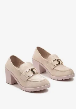 Beżowe Półbuty na Słupku Ozdobione Klamerką Nicarda