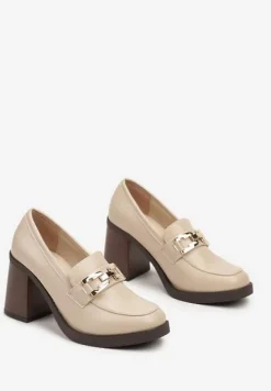 Beżowe Półbuty na Słupku z Klamrą Stylizowane na Mokasyny Gerisa