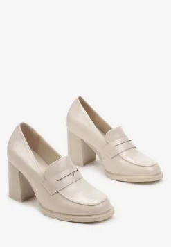 Beżowe Półbuty na Słupku z Kwadratowym Noskiem Hunosa