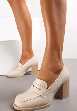 Beżowe Półbuty na Wysokim Słupku z Okrągłym Noskiem i Przeszyciami Adenor