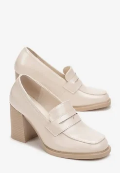 Beżowe Półbuty na Wysokim Słupku z Okrągłym Noskiem i Przeszyciami Adenor