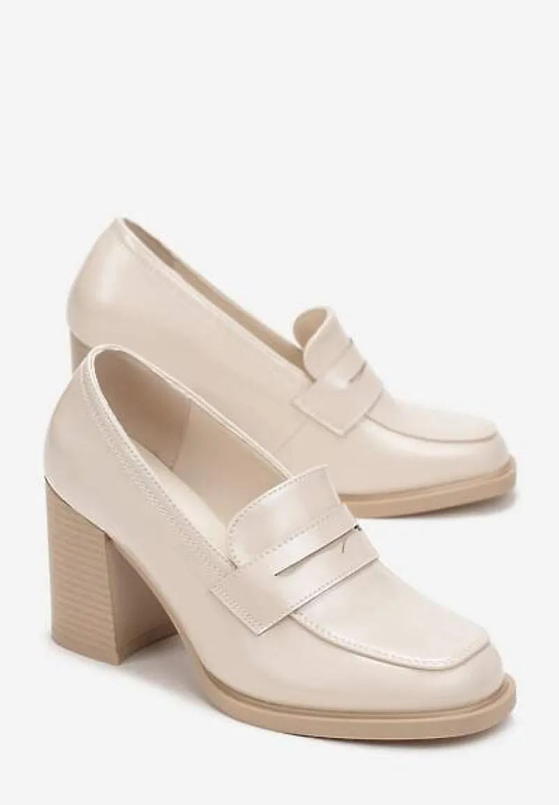 Beżowe Półbuty na Wysokim Słupku z Okrągłym Noskiem i Przeszyciami Adenor