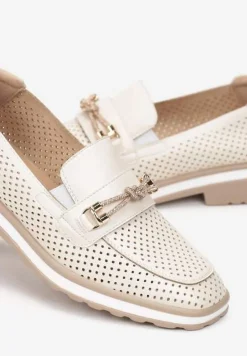 Beżowe Półbuty przed Kostkę z Perforacją i Wkładką ze Skóry Naturalnej Meralith