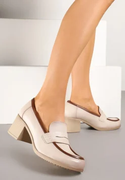Beżowe Półbuty Typu Loafersy na Słupku ze Skórzaną Wkładką Meviquea