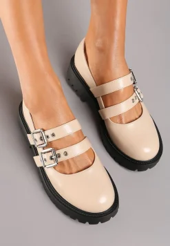 Beżowe Półbuty Typu Loafersy w Stylu Grugne'owym na Masywnej Podeszwie Iriliati