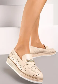 Beżowe Półbuty w Stylu Mokasynów na Grubej Podeszwie z Ażurową Cholewką Illthia